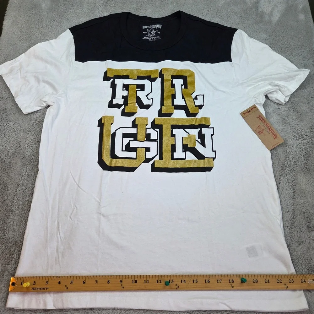 True Religion Graphic T-Shirt Mens XXL Colorblock Glitter Logo White Black New